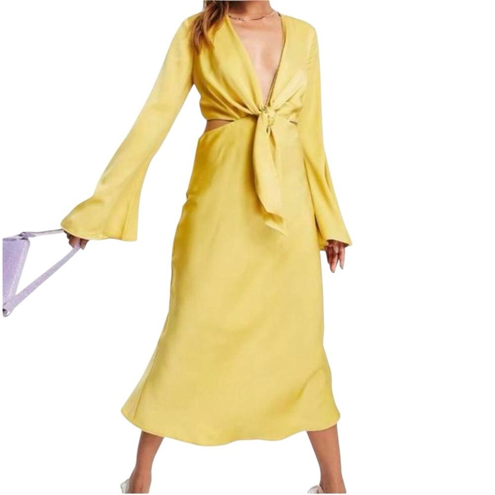 ASOS Design Tie Front Plunge Satin Yellow Long Sleeve Cut Out Midi Dress US 6